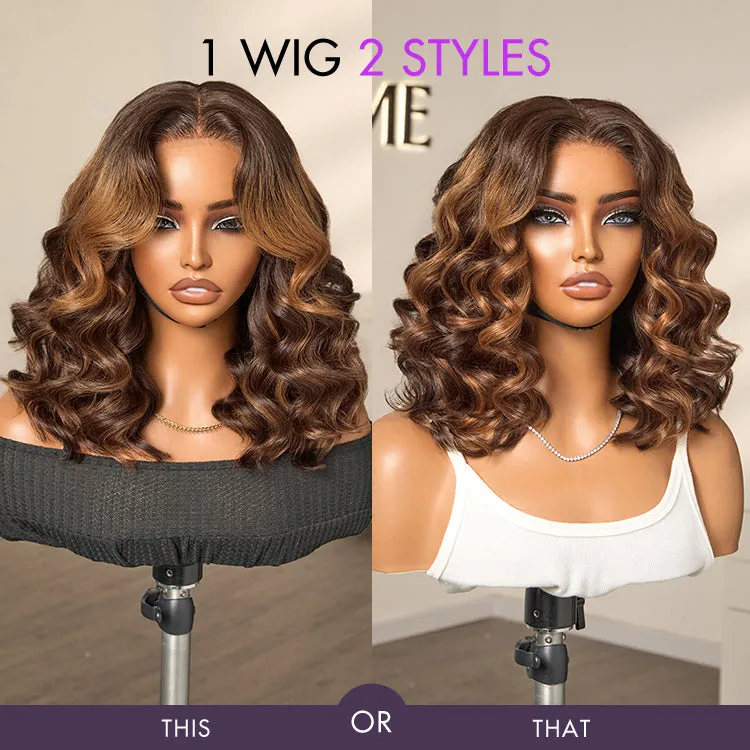 12 Inches=$79.9 | Elegant Brown Ombre Loose Wave Minimalist HD Lace Glueless Short Wig 100% Human Hair