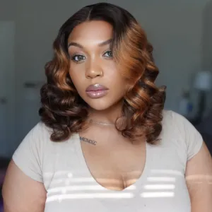 12 Inches=$79.9 | Elegant Brown Ombre Loose Wave Minimalist HD Lace Glueless Short Wig 100% Human Hair
