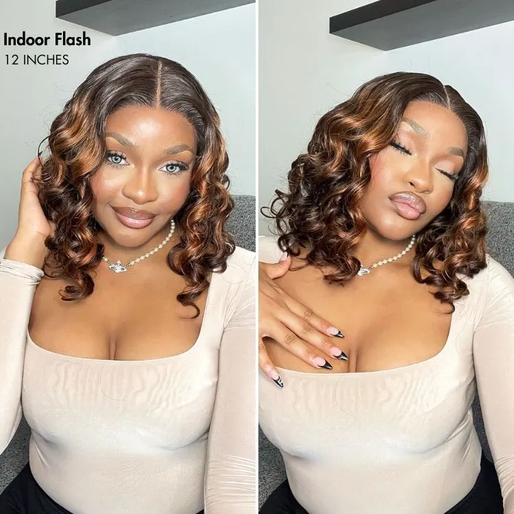 12 Inches=$79.9 | Elegant Brown Ombre Loose Wave Minimalist HD Lace Glueless Short Wig 100% Human Hair
