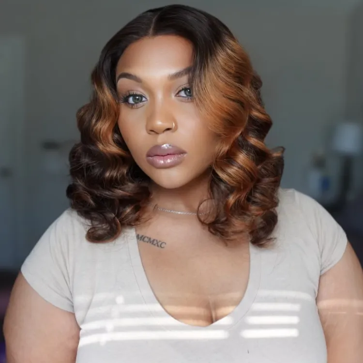 12 Inches=$79.9 | Elegant Brown Ombre Loose Wave Minimalist HD Lace Glueless Short Wig 100% Human Hair