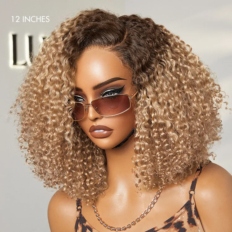 12 Inches=$79.9 | Put On & Go Ombre Ash Blonde Kinky Curly Glueless Minimalist HD Lace Wig Pre-Cut Lace