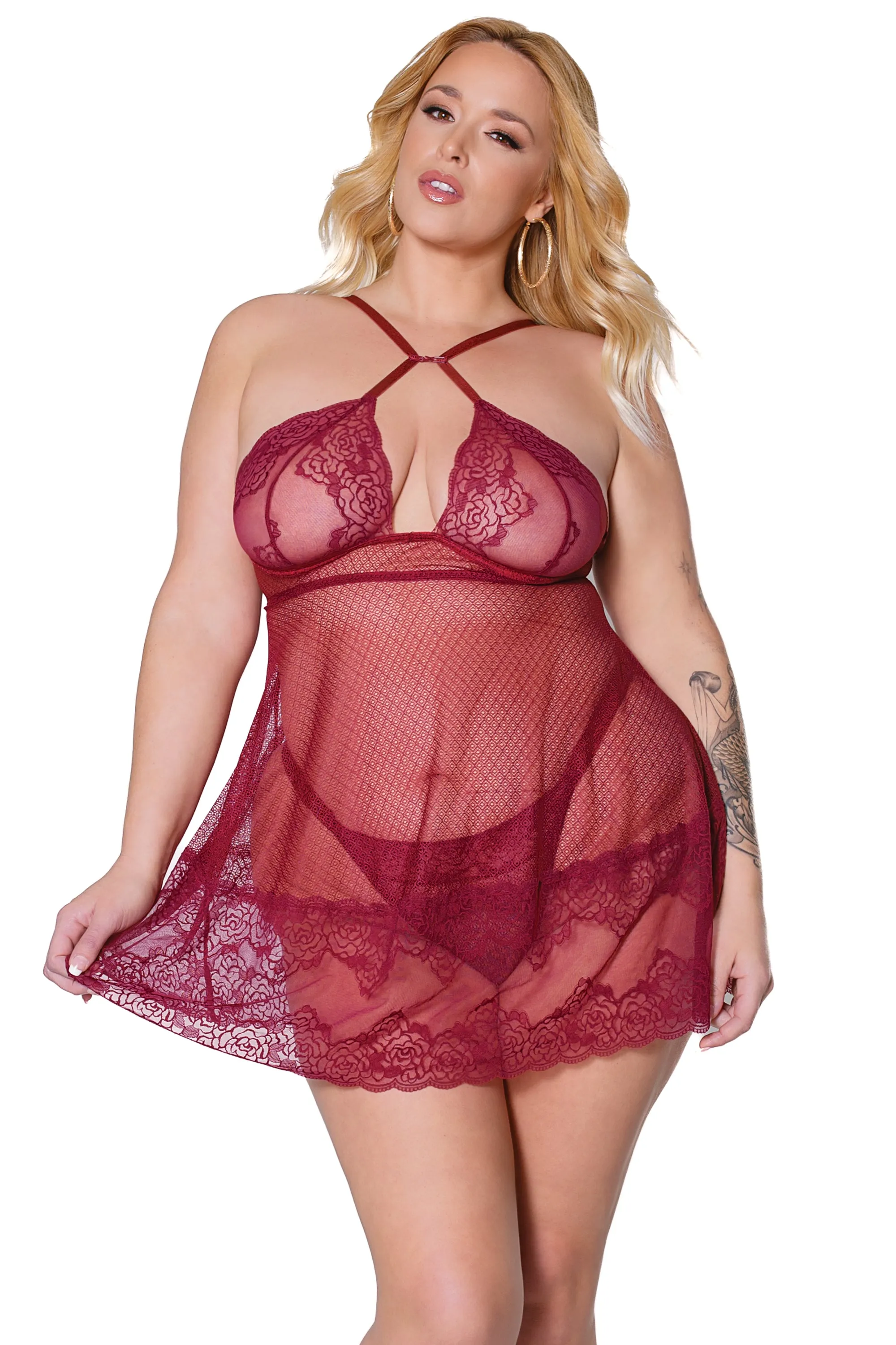 22312 - Babydoll & Thong Set - Merlot