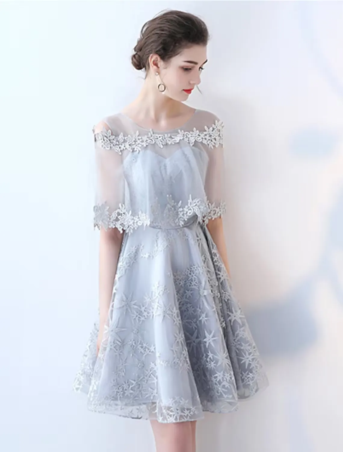 A-Line Minimalist Elegant Party Wear Cocktail Party Dress Jewel Neck Half Sleeve Short / Mini Tulle with Lace Insert Pattern / Print