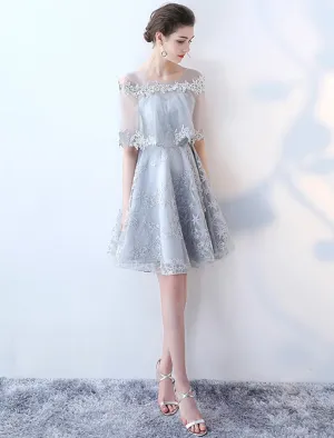 A-Line Minimalist Elegant Party Wear Cocktail Party Dress Jewel Neck Half Sleeve Short / Mini Tulle with Lace Insert Pattern / Print
