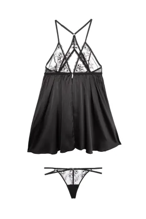 After Dark Elise Embroidery Babydoll & Thong Set - Black