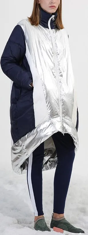 Asymmetrical Metallic Color-Contrast Puffer Coat