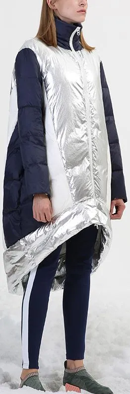 Asymmetrical Metallic Color-Contrast Puffer Coat