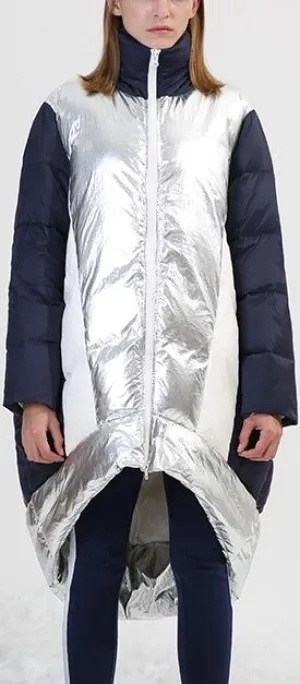 Asymmetrical Metallic Color-Contrast Puffer Coat