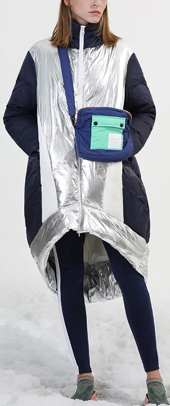 Asymmetrical Metallic Color-Contrast Puffer Coat