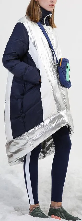 Asymmetrical Metallic Color-Contrast Puffer Coat