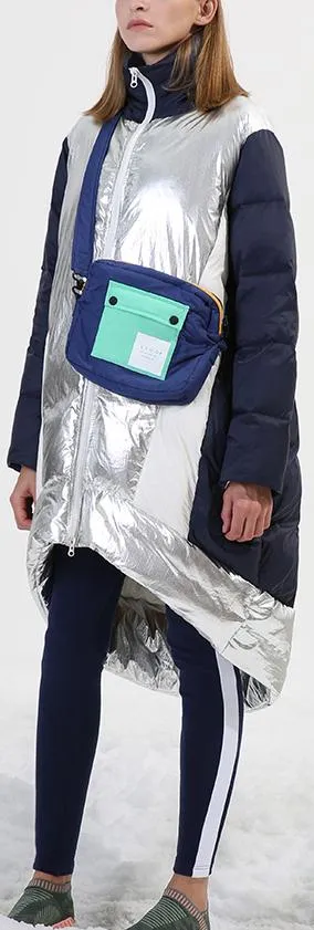 Asymmetrical Metallic Color-Contrast Puffer Coat