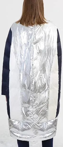 Asymmetrical Metallic Color-Contrast Puffer Coat