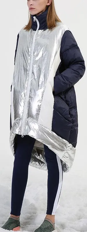 Asymmetrical Metallic Color-Contrast Puffer Coat