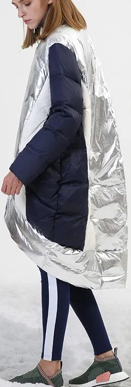 Asymmetrical Metallic Color-Contrast Puffer Coat