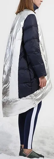 Asymmetrical Metallic Color-Contrast Puffer Coat
