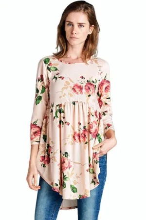 Beige Floral Babydoll 3/4 Sleeves Top