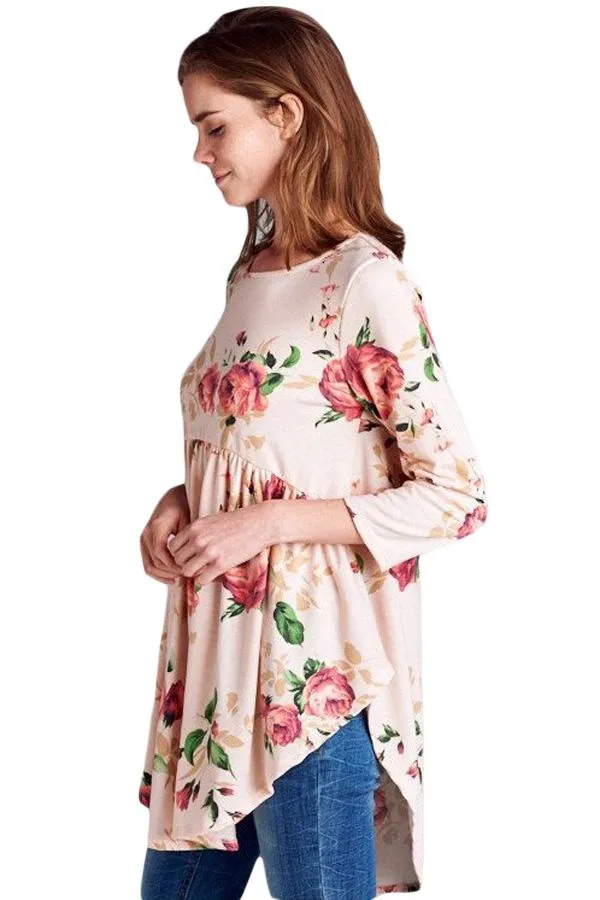 Beige Floral Babydoll 3/4 Sleeves Top