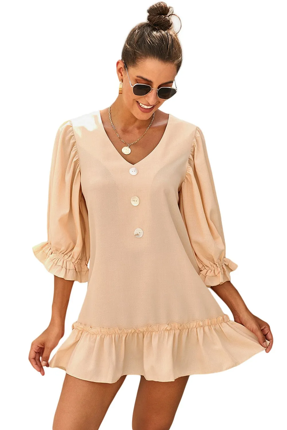 Beige Long Sleeves Loose Short Swing Dress