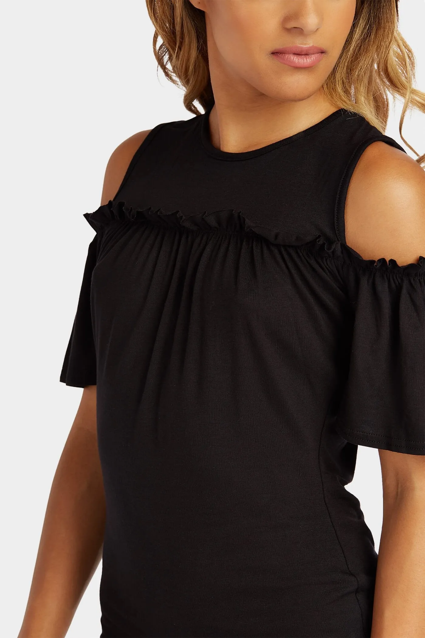 Black Frill Bust Cold Shoulder Dress