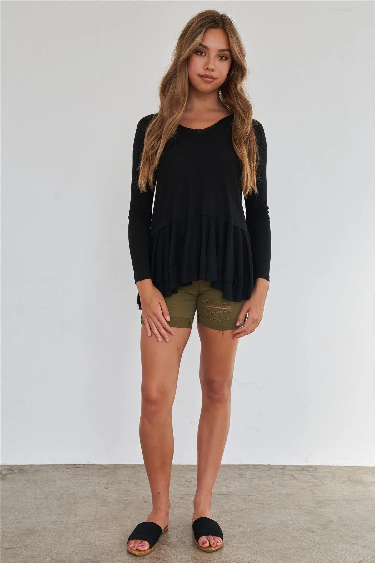 Black Long Sleeve Relaxed Fit Babydoll Knit Top