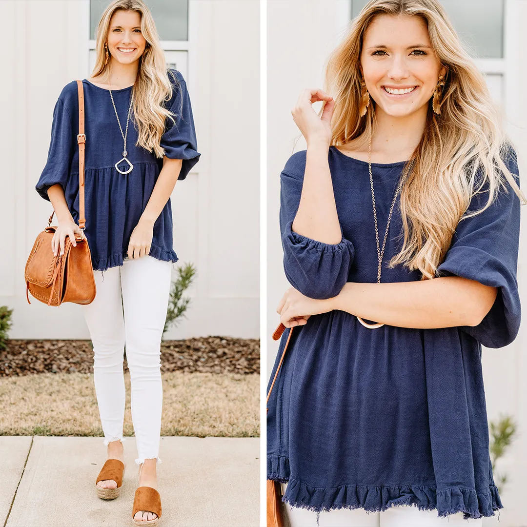 Bring You Around Navy Blue Linen Babydoll Top
