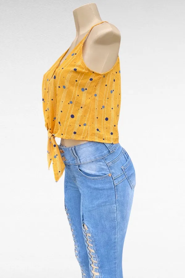 Button Up Self Tie Crop Top