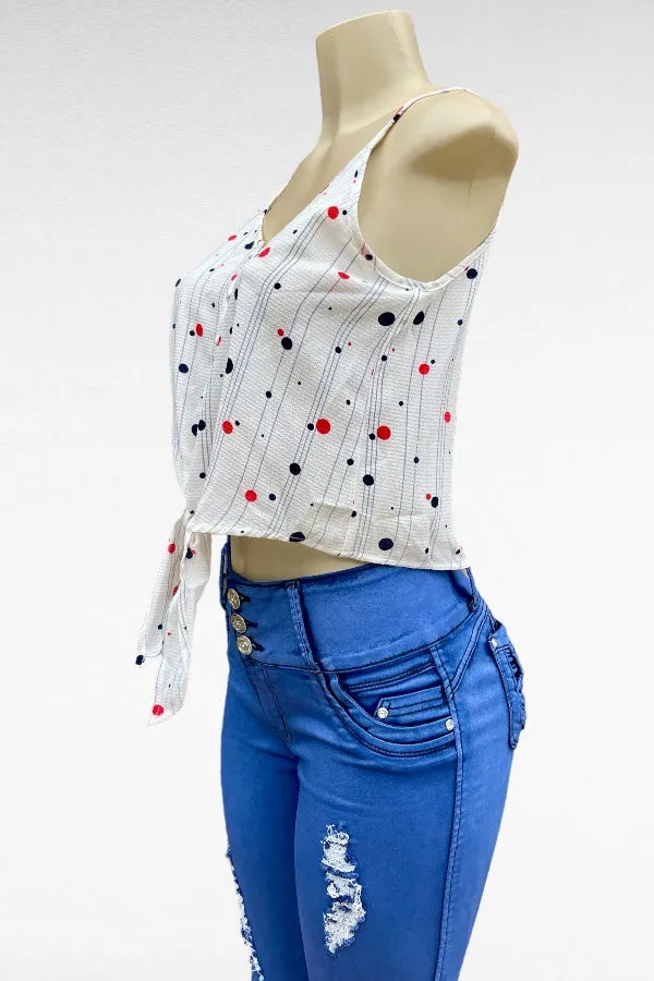 Button Up Self Tie Crop Top