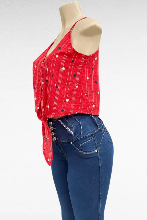 Button Up Self Tie Crop Top