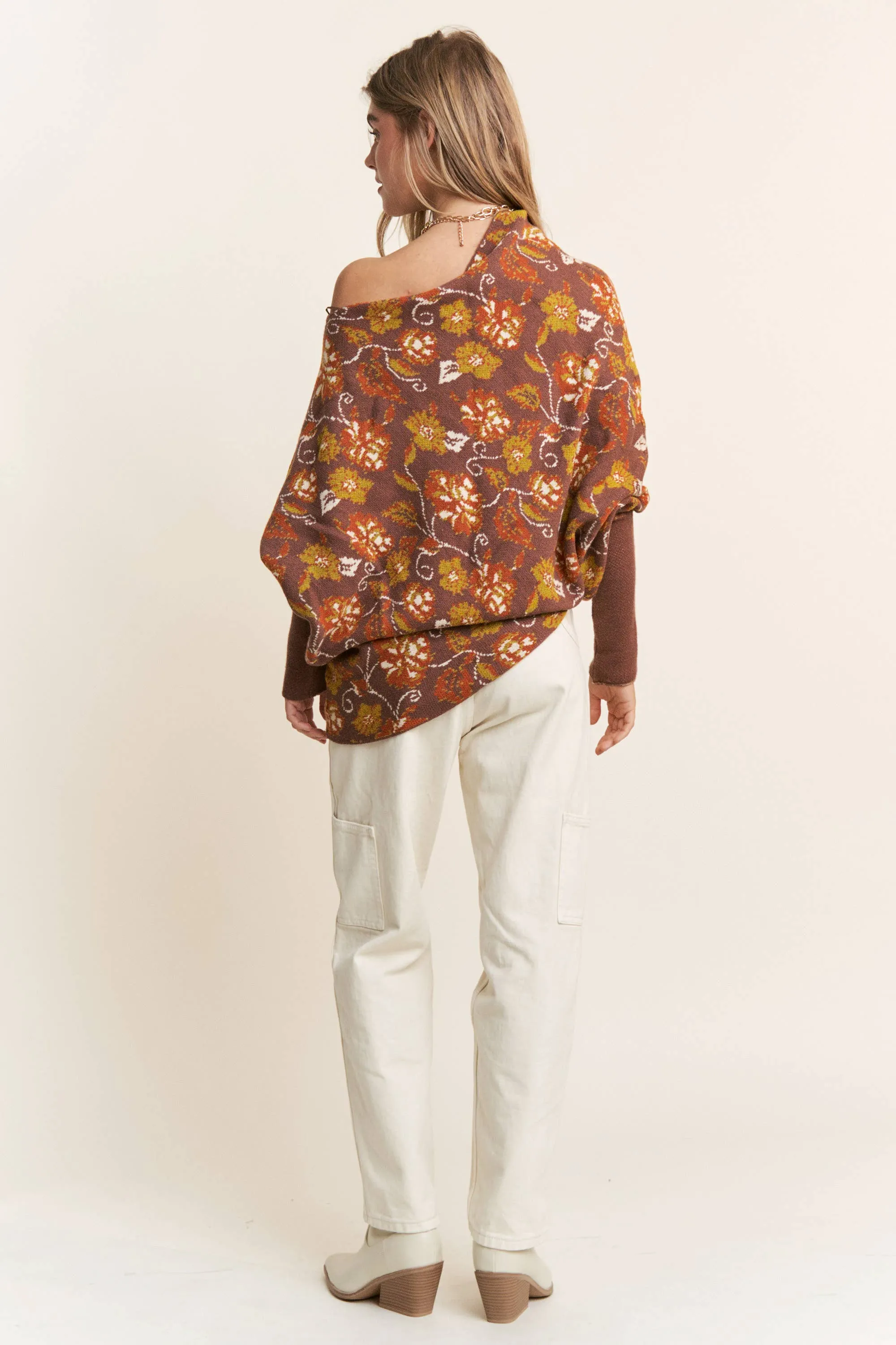 Candance Floral Asymmetrical Long Sleeve Knit Poncho