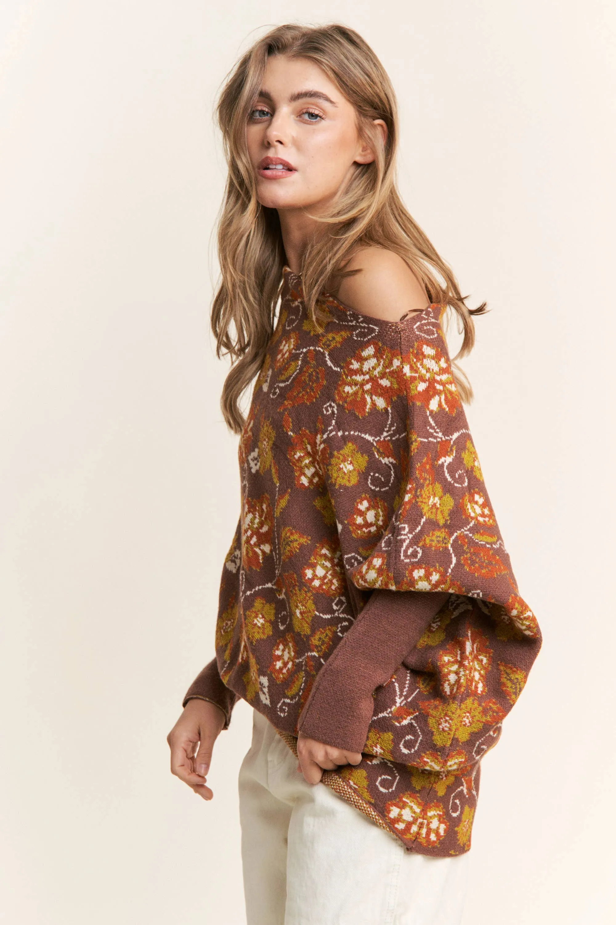 Candance Floral Asymmetrical Long Sleeve Knit Poncho