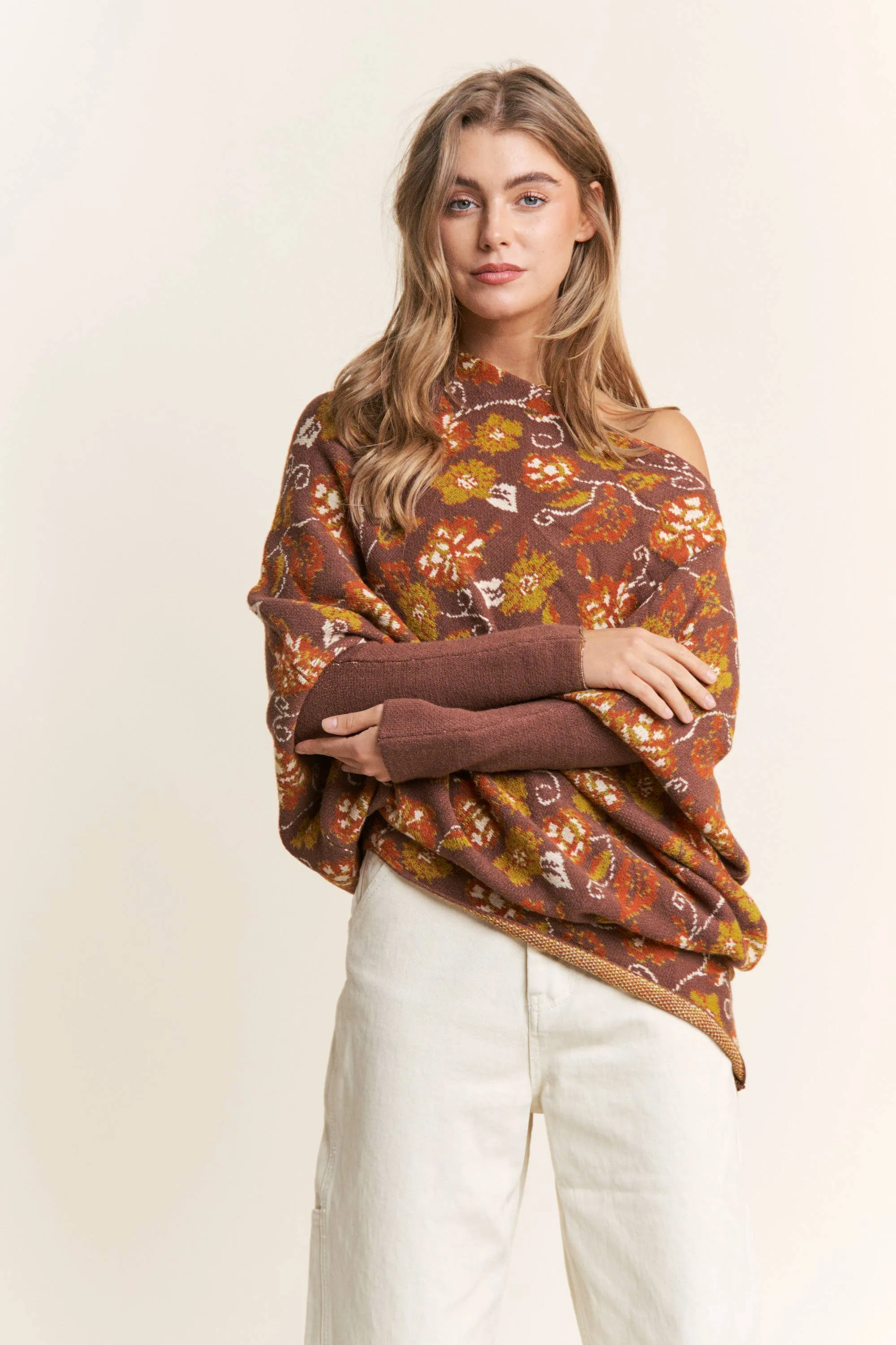Candance Floral Asymmetrical Long Sleeve Knit Poncho