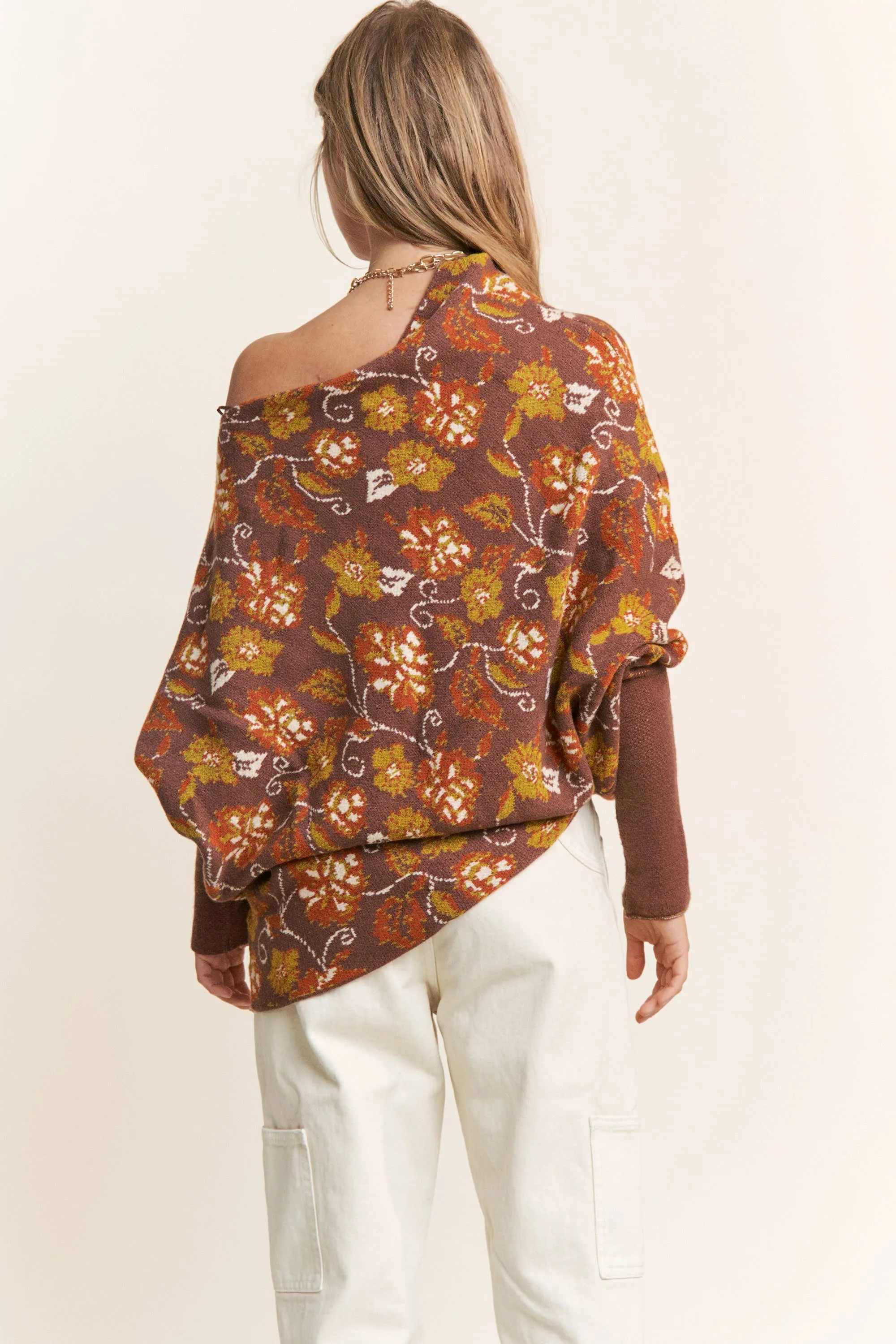 Candance Floral Asymmetrical Long Sleeve Knit Poncho