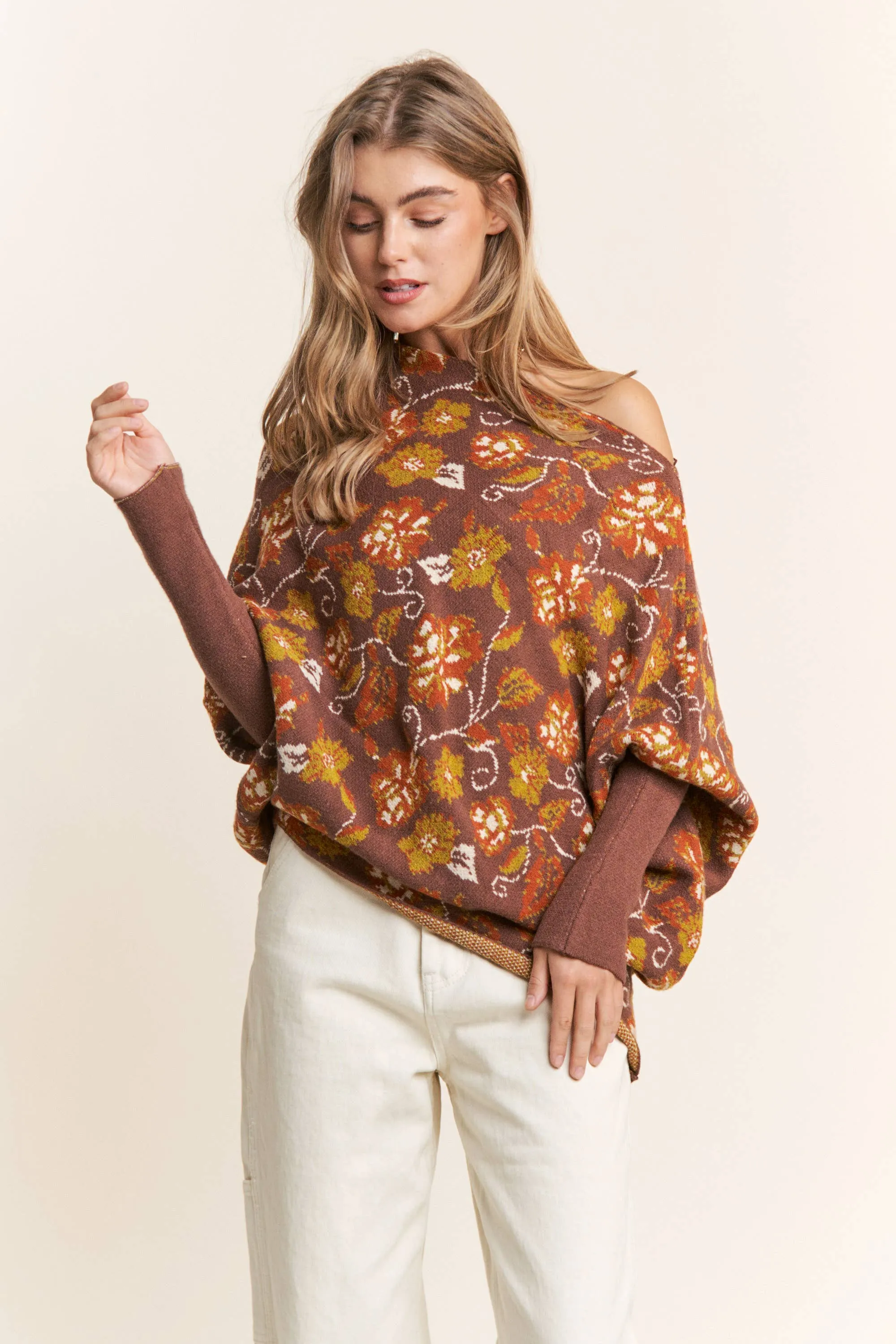 Candance Floral Asymmetrical Long Sleeve Knit Poncho