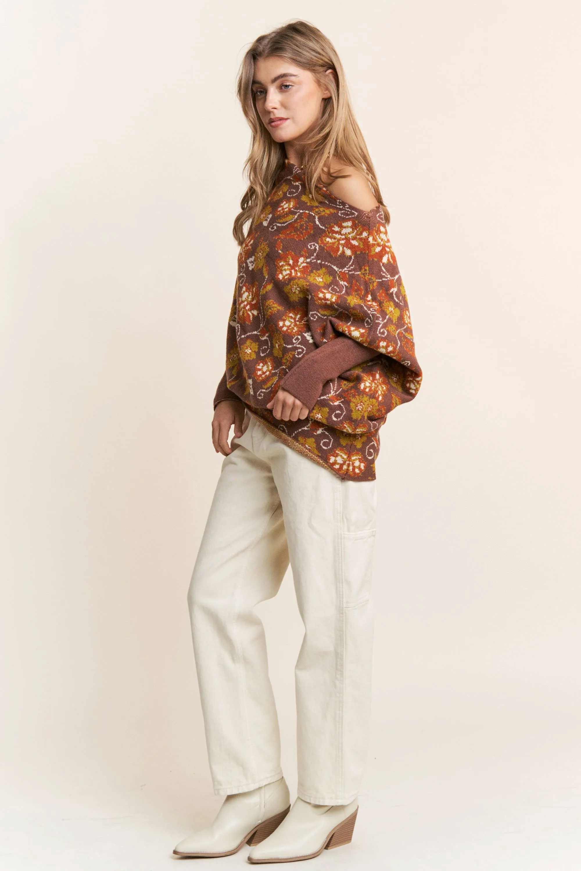 Candance Floral Asymmetrical Long Sleeve Knit Poncho