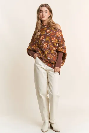 Candance Floral Asymmetrical Long Sleeve Knit Poncho