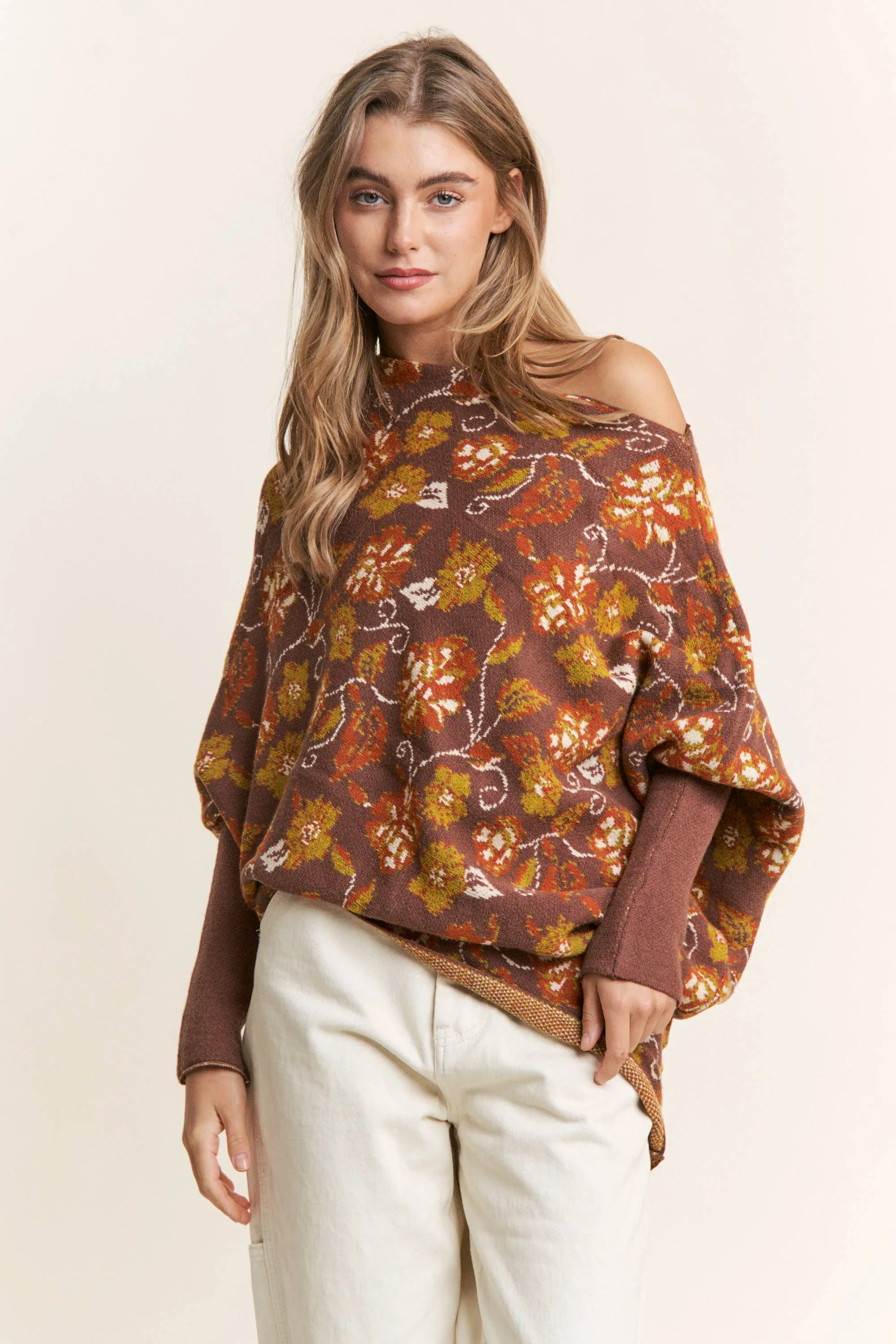 Candance Floral Asymmetrical Long Sleeve Knit Poncho