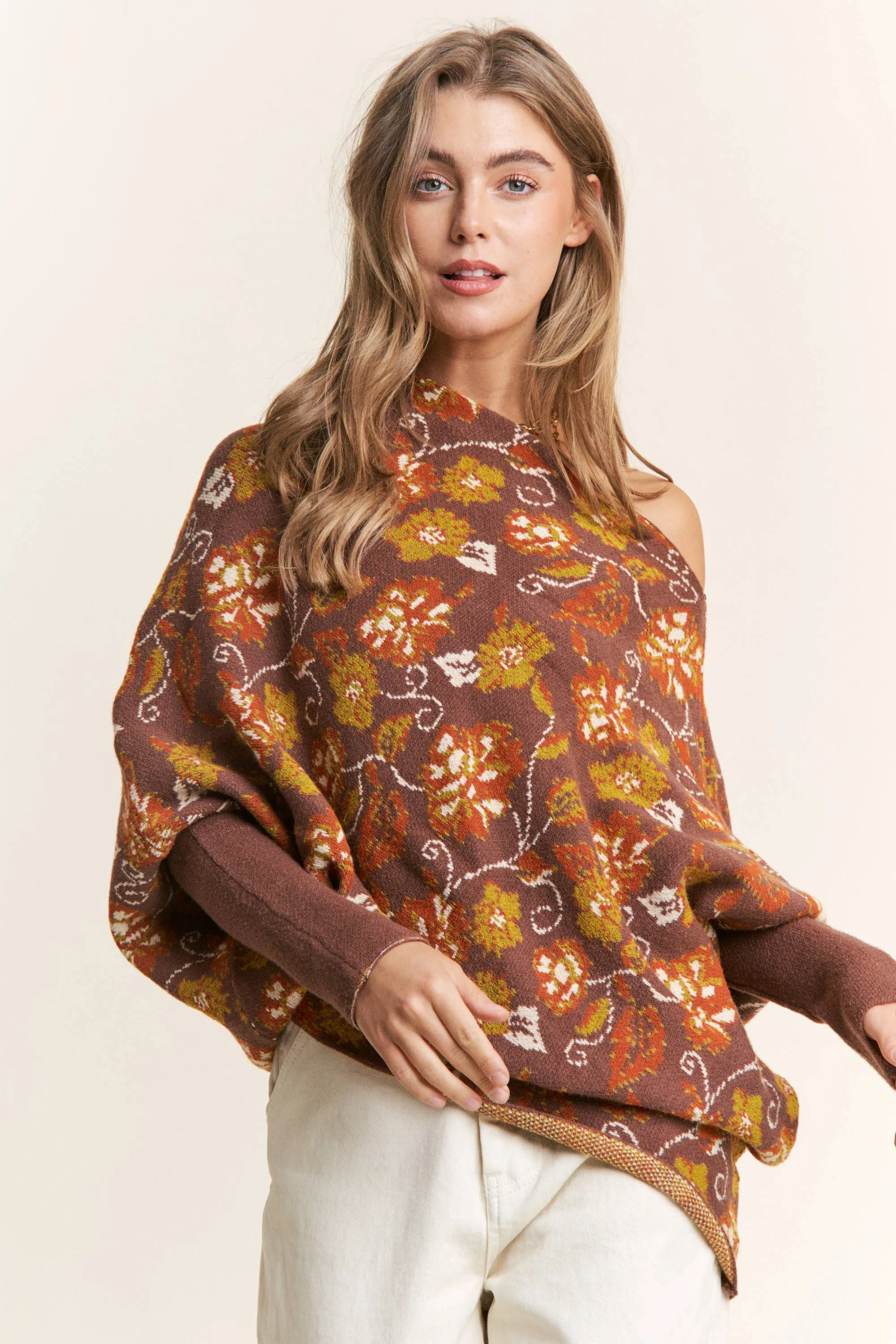 Candance Floral Asymmetrical Long Sleeve Knit Poncho