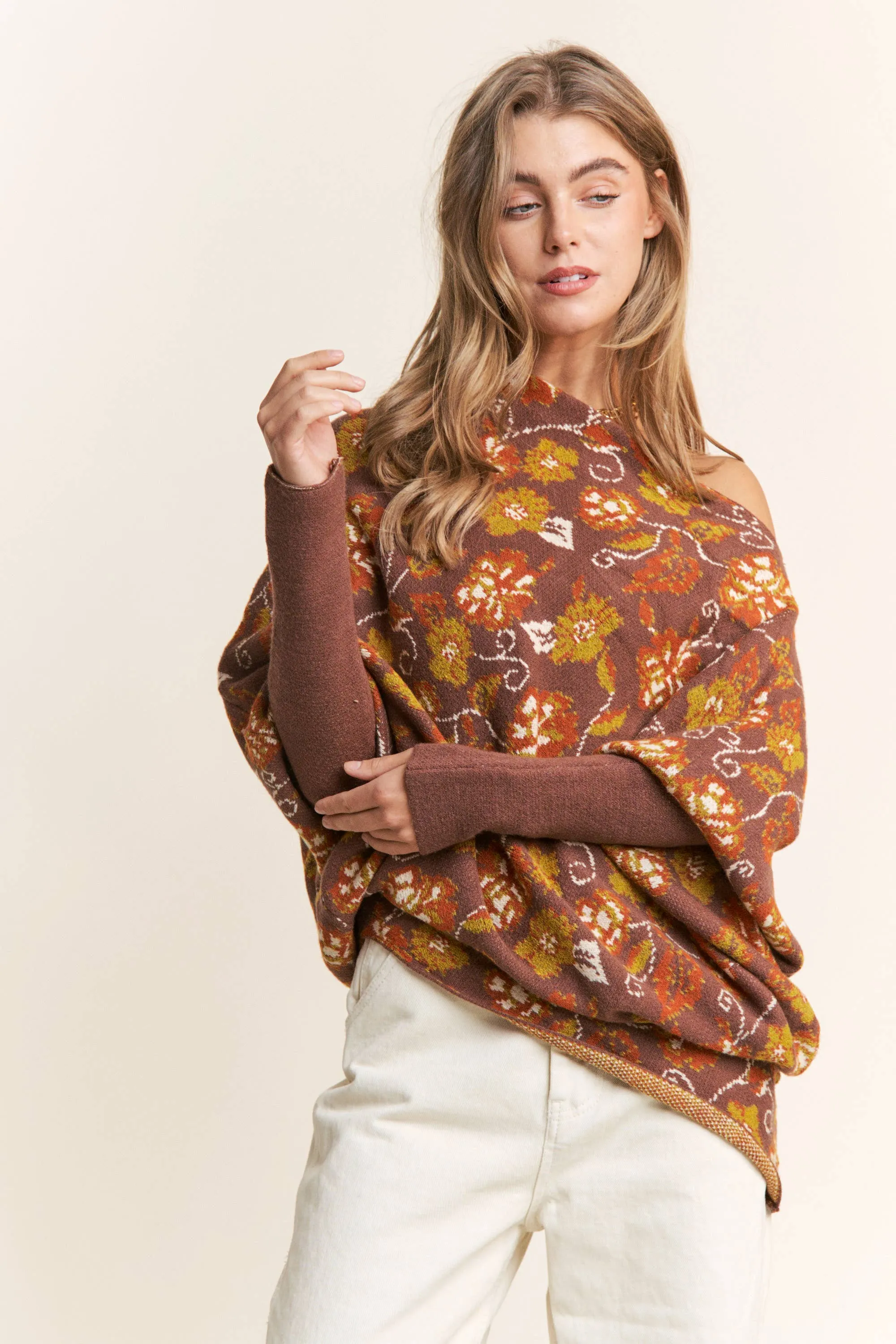 Candance Floral Asymmetrical Long Sleeve Knit Poncho
