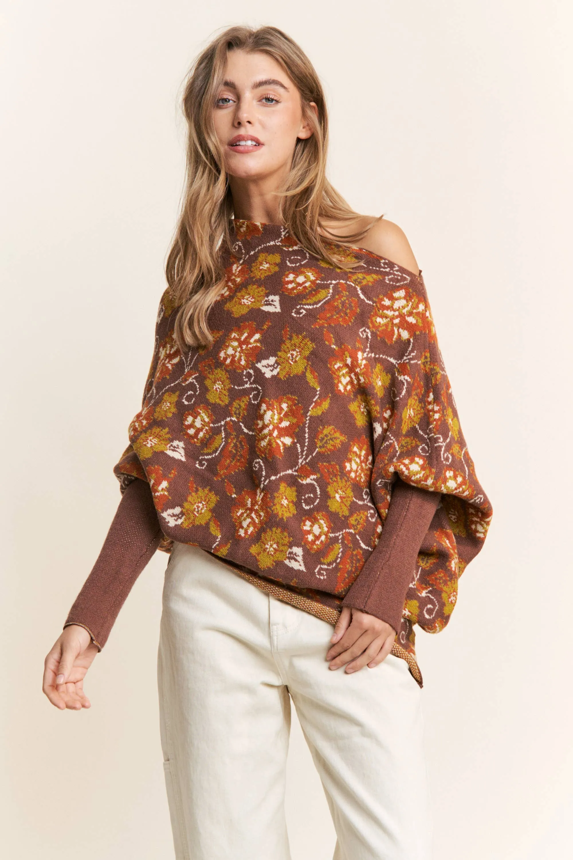 Candance Floral Asymmetrical Long Sleeve Knit Poncho