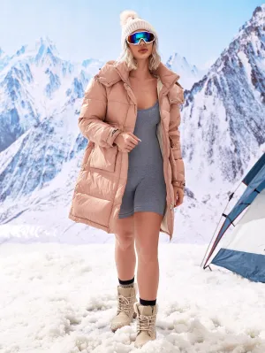 Casual Slogan Pocket Long Sleeve Hooded Short Women Down Coat
