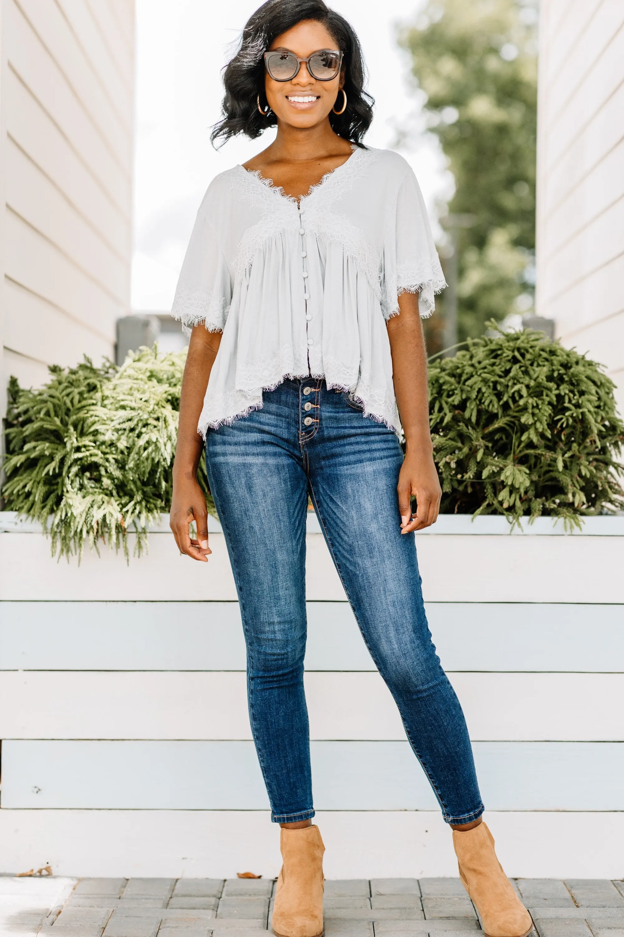 Check The References Cloud Gray Lace Top