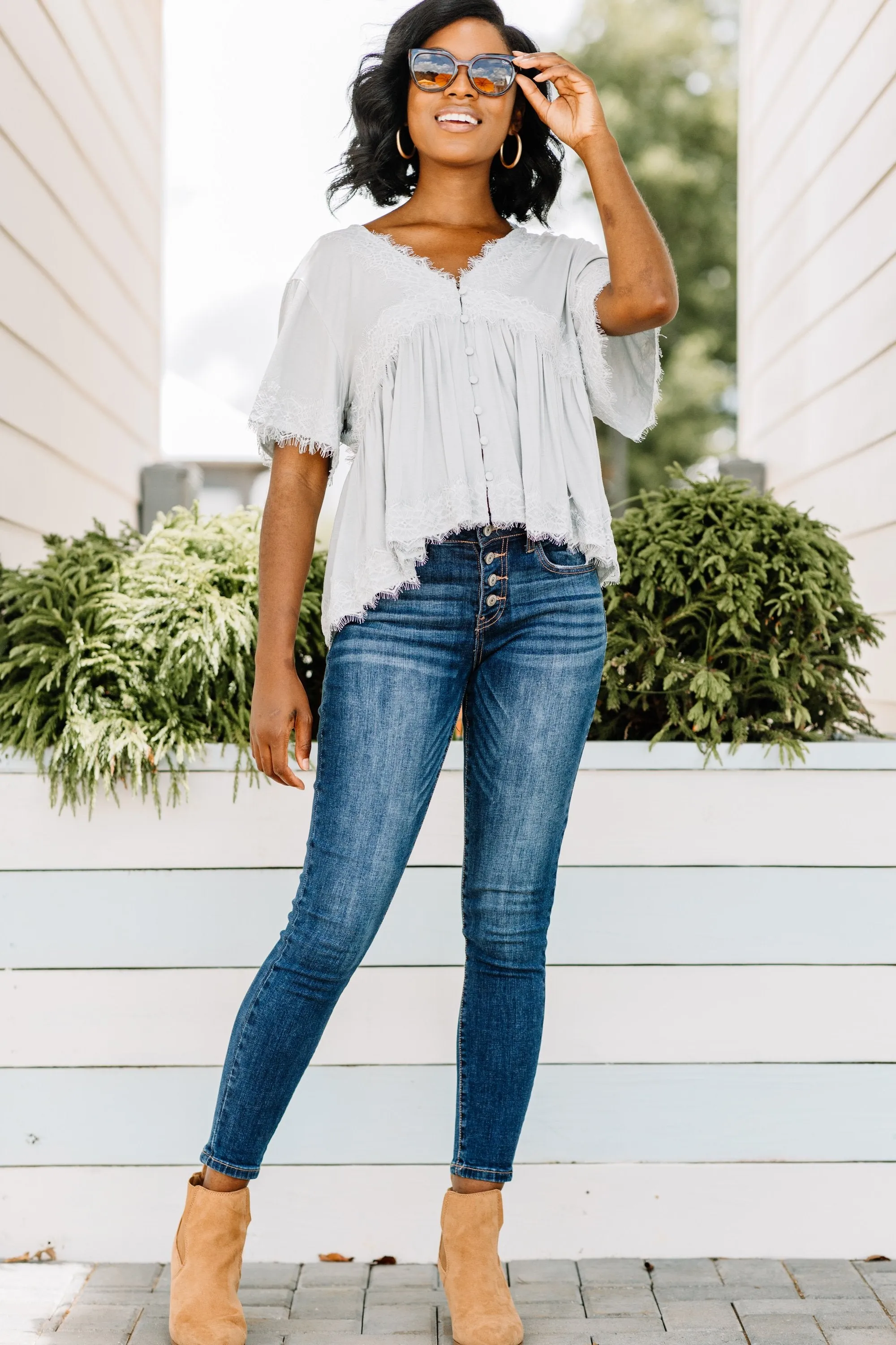 Check The References Cloud Gray Lace Top