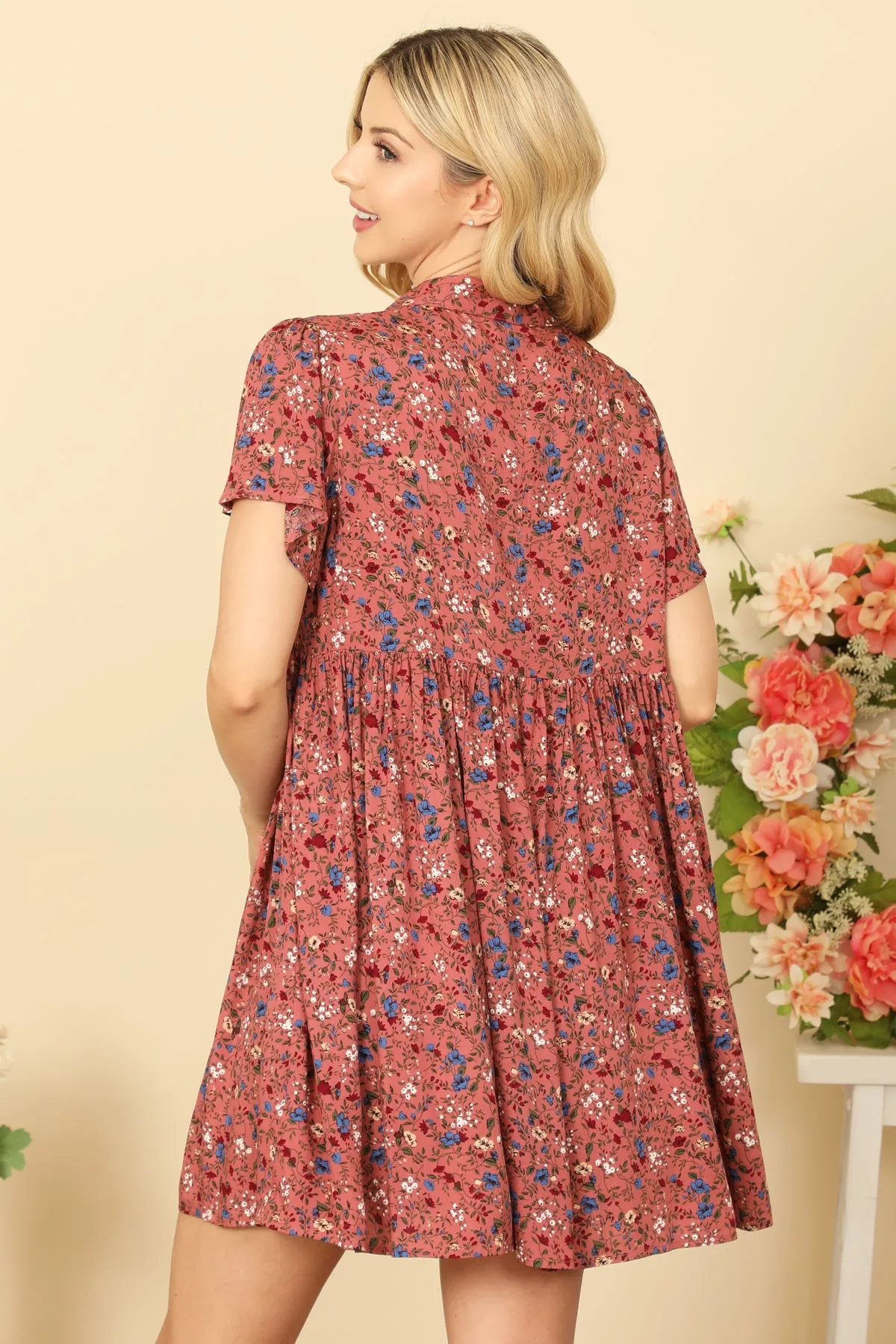 COLLARED TIE DETAIL SHORT SLEEVE PLEATED BABYDOLL MINI DRESS 2-2-2