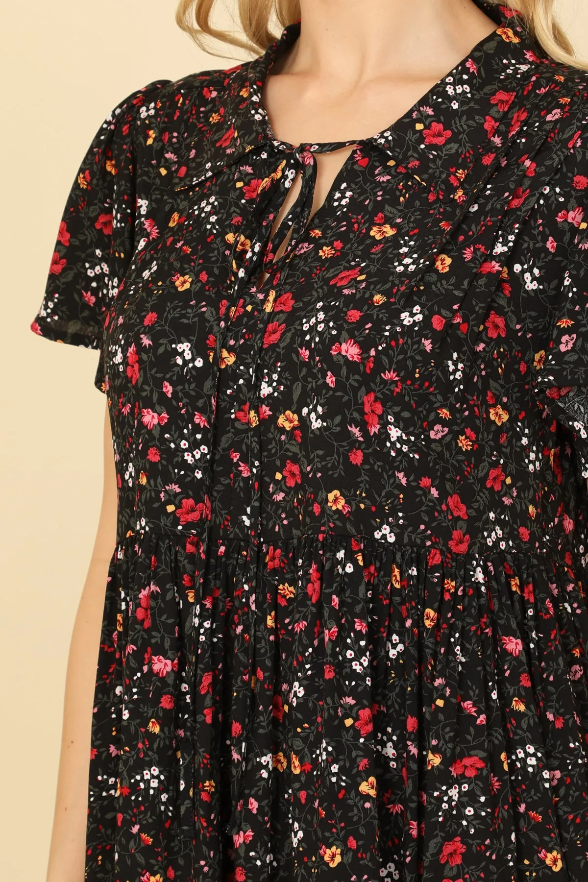 COLLARED TIE DETAIL SHORT SLEEVE PLEATED BABYDOLL MINI DRESS 2-2-2