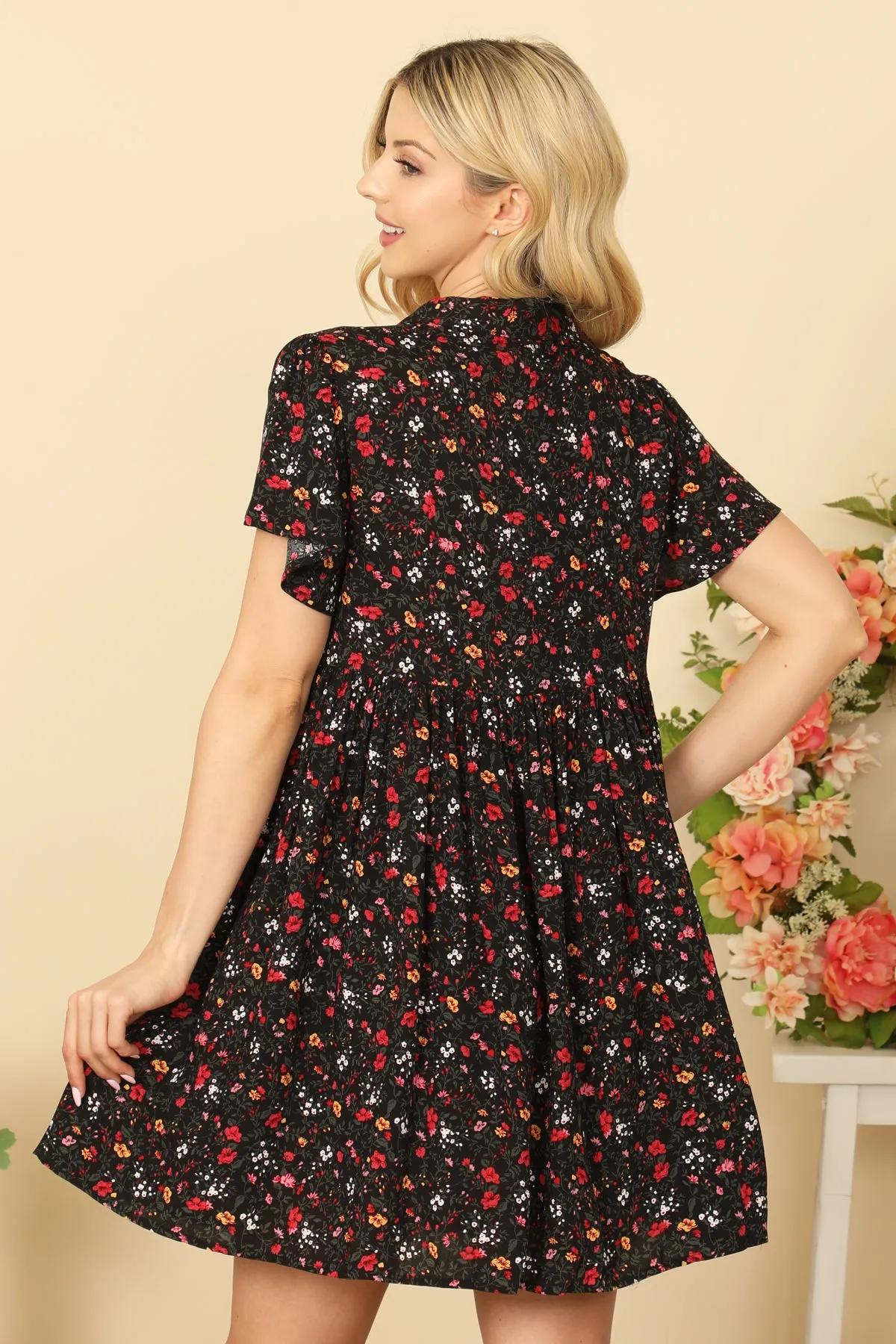COLLARED TIE DETAIL SHORT SLEEVE PLEATED BABYDOLL MINI DRESS 2-2-2
