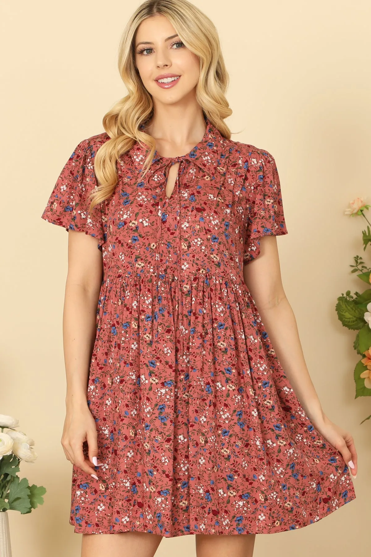 COLLARED TIE DETAIL SHORT SLEEVE PLEATED BABYDOLL MINI DRESS 2-2-2