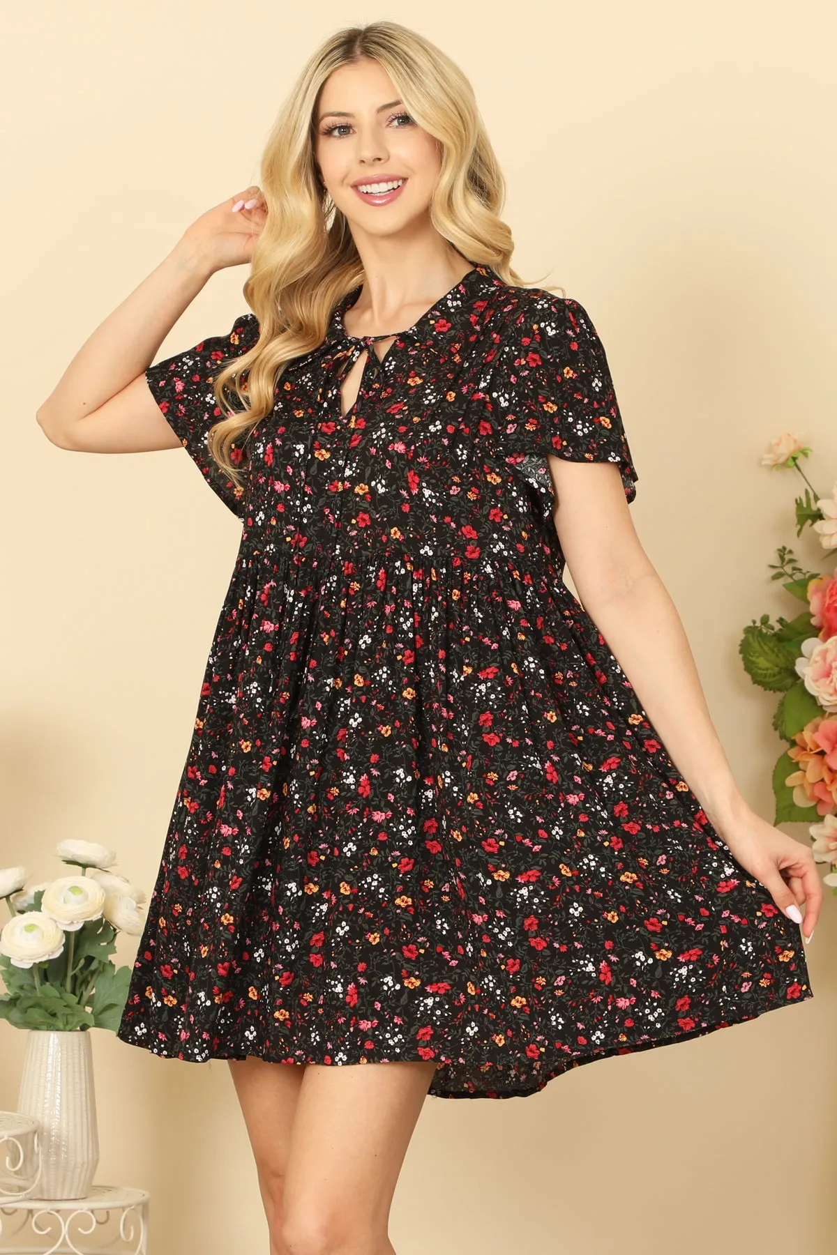 COLLARED TIE DETAIL SHORT SLEEVE PLEATED BABYDOLL MINI DRESS 2-2-2