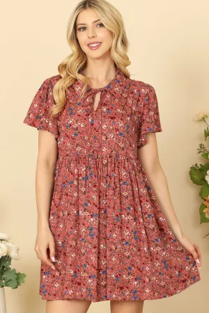 COLLARED TIE DETAIL SHORT SLEEVE PLEATED BABYDOLL MINI DRESS 2-2-2