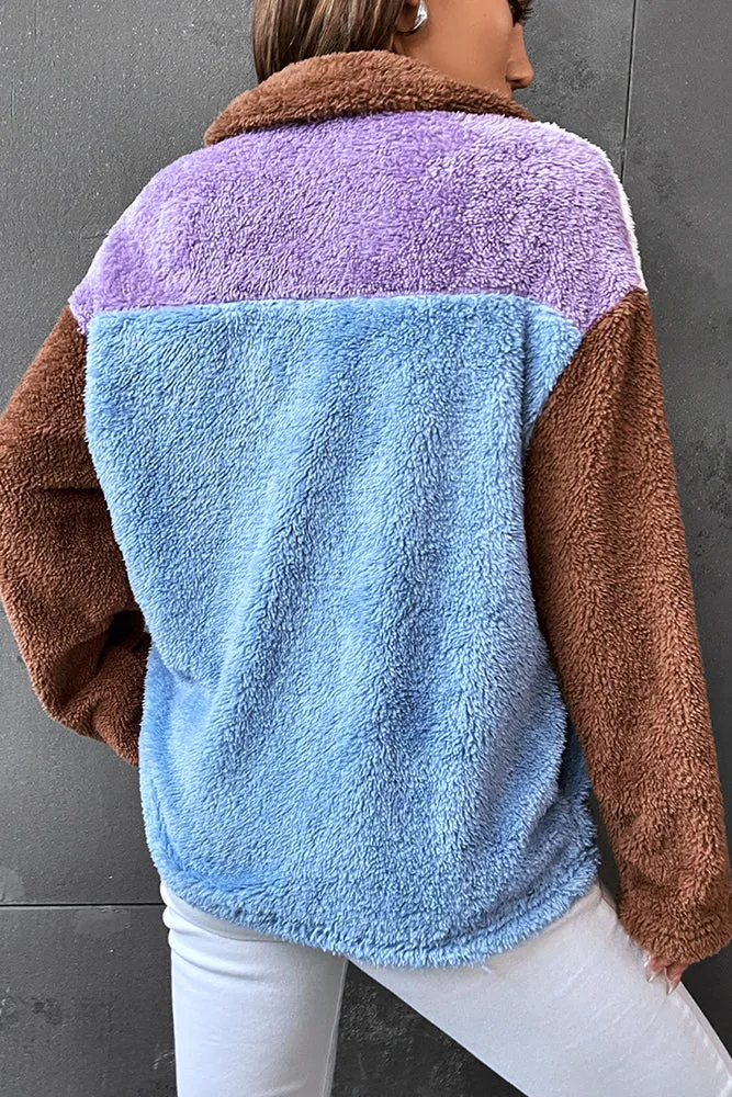 Color Block Zipper Patchwork Fluffy Coat