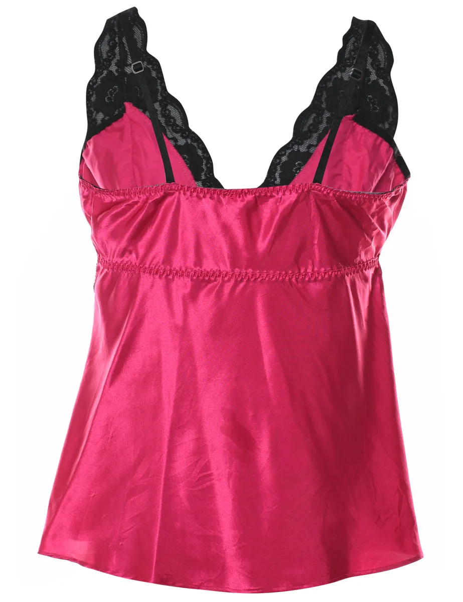 Contrast Pink & Black Lace Trim Silky Babydoll - M